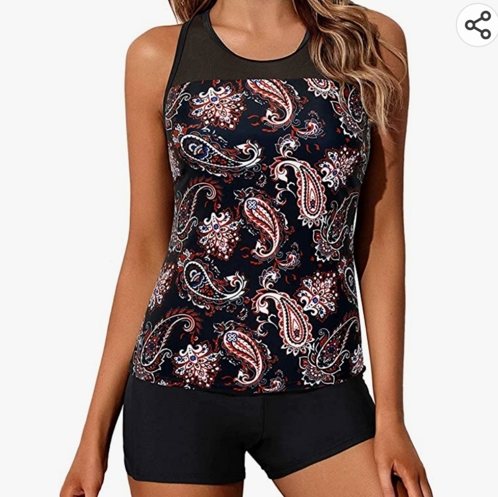 Yonique Black Paisley Sheer Accent Racerback Tankini with Shorts  Size XS